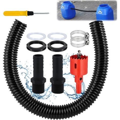 Kit de raccordement pour citerne de pluie avec tuyau de 1 m, 2 raccords de tuyau, raccord pour tonneau de pluie, réservoir d'eau de pluie (1/5)