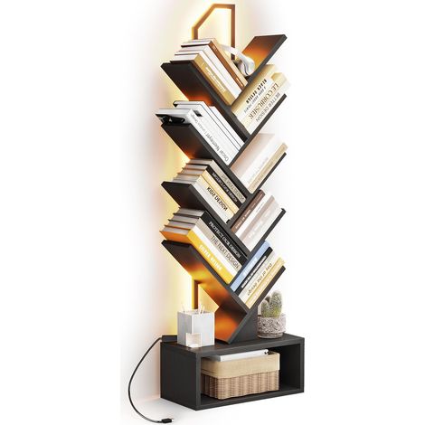 LED Étagère Arbre, Bibliothèque sur Pied 8 Niveaux 115cm Noir LED Lumière Colorée Ambiance Assemblage Facile Compact Étagère Beau Anti-Basculement 40-60 Livres Salon Chambre Bureau (1/5)