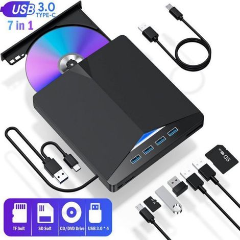 Lecteur DVD Externe - USB 3.0 - Compatible Windows 7 8 10 11 Mac Linux - Graveur CD DVD - Hub USB 4 Ports - Lecteur Carte SD TF - 1 Pièce (1/5)