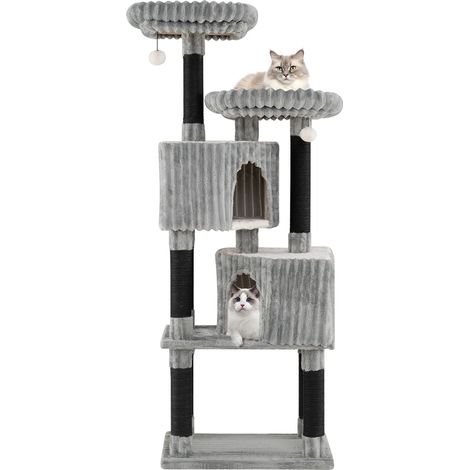 Arbre à chat gris 157 cm en flanelle avec 2 plateformes, griffoirs, niches et pompons, pour salon et intérieur (1/5)