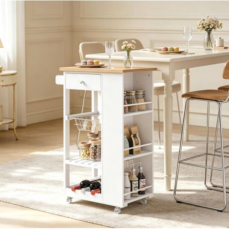 Chariot de cuisine 56,5x37x87 cm en MDF et bambou blanc, avec rangement pour cuisine FloraGrace (1/4)