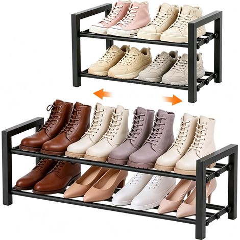 Étagère à Chaussures 2 Niveaux, Extensible Shoe Rack 43 à 78 cm, Noir (1/5)