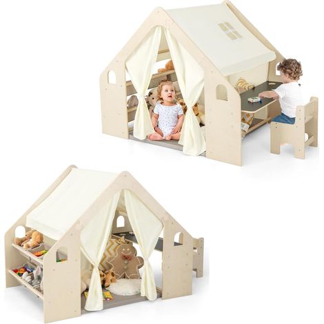 COSTWAY Tienda de Campaña Infantil de Madera 6 en 1 con Pizarra, Cortinas, Mesa de Escritorio, Silla, Estante, 6 Contenedores de Almacenamiento y Cojín, Ideal para Niños de 2-6 Años (1/5)