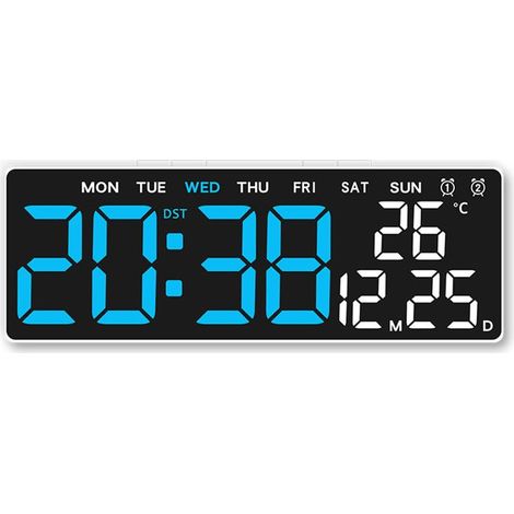 LED Horloge Murale Numérique, Grande Horloge de Bureau Digitale, Température,Date,Alarmes,Luminosité Réglable Pendule Mural,Blanc BB (1/5)