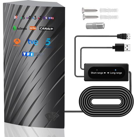 Antenne TV Extérieure Intérieur, 39DBI Antenne TNT 480km Réception Gain Élevé Signal Amplificateur, Câble Coaxial de 10m, Mode Double Signal, 1080P 4K VHF UHF (1/5)