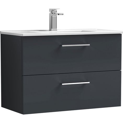 Nuie Arno Satin Soft Black 800mm Wall Hung 2 Drawer Vanity Unit and Minimalist Ceramic Basin - ARN1426B (1/4)