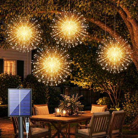 4 x Outdoor Solar Firework Lights, 360 LED Solar Garden Lights, 8 Modes Waterproof IP65, Dandelion Light, Garden Decoration Terrace, Balcony (1/5)
