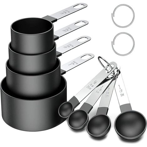 Measuring Cups, Measuring Spoon Sets, Set of 8 Measuring Spoons and Cups with Stainless Steel Handles for Liquids and Solids (Black) (1/5)