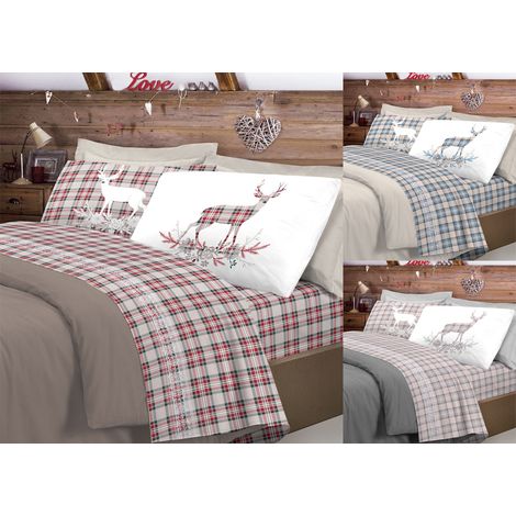 Completo Lenzuola Flanella Pensieri Delicati 100% Cotone Disegno Cervo Tartan, misuraMatrimonialecoloreBeige (1/5)