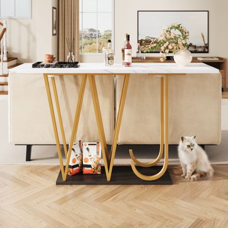 Table console long 120×29,5×80cm plateau MDF imitation marbre blanc pieds métalliques dorés base noire, espace de rangement sous plateau pour entrée cuisine salon balcon charge 60kg (1/5)
