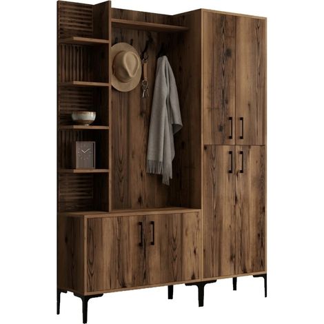 Eingangsmöbel Dovarese, Garderobe, 12 Ablagen, Drehtür, 150x200x35h cm Nussbraun