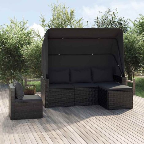 Salon de jardin 4 pièces en résine tressée noire avec coussins et toit pliable - PANGIVO (1/5)