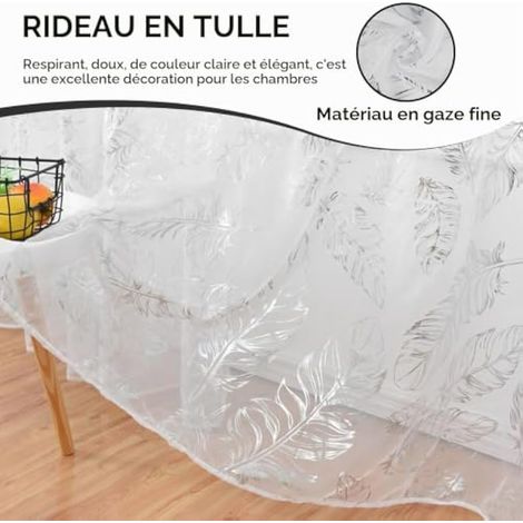 Lot de 2 rideaux transparents à motif plumes, panneaux de fenêtre en tulle blanc décoratif, rideaux en voile imprimés à chaud pour chambre et salon (argenté) (1/5)