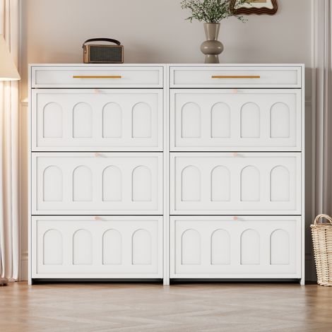Schuhschrank 140x25x123.5 cm Weiß MDF mit 12 Fächern, 2 Schubladen, platzsparend und modern (1/5)