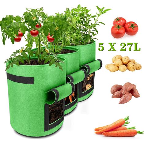 Jiubiaz 5er Set Pflanzsäcke 26,5 L aus Vlies mit Sichtfenster & Griffen, Kartoffel-Pflanztaschen für Gemüse, Balkon & Garten (1/5)
