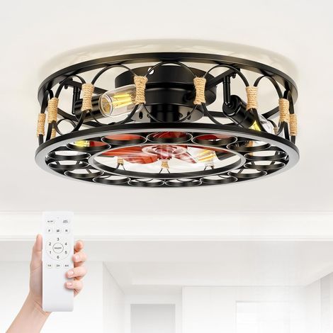 50cm Industrial Caged Ceiling Fan with Light & Remote, Low Profile, Quiet Reversible DC Motor, 6-Speed Flush Mount Fan, Black, Bulbs Not Included (1/5)