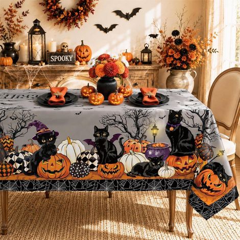 Tischdecke Polyester 140x180 cm Schwarze Katze Halloween Motiv Waschbar