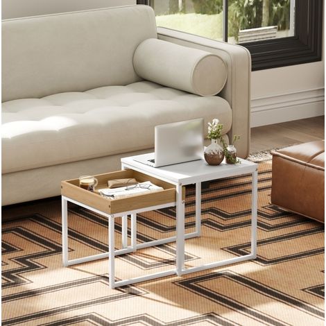 Mesa de centro de 2 piezas (45x45x45 cm y 40x40x40 cm), con bandeja extraíble, diseño moderno, acero, blanco (1/5)