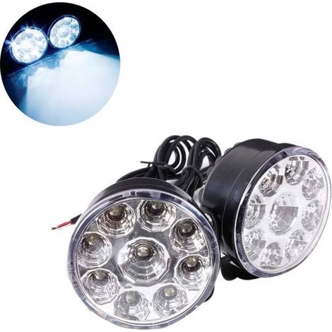 Un set composto da due luci diurne per auto rotonde bianche da 12V 4,5W e fendinebbia universali rotondi a 9 LED. (1/4)