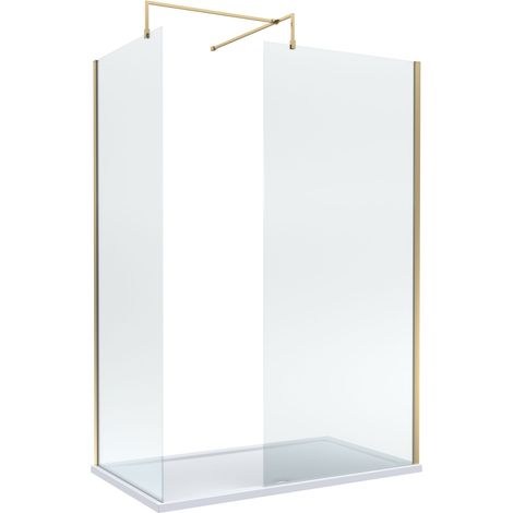 8mm Glass Walk In Wetroom Screens with Brushed Brass Profile and White Shower Tray - 1400 x 800mm