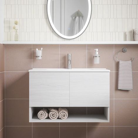 Meuble de salle de bain suspendu 80 cm blanc effet bois avec deux portes, compartiment ouvert et lavabo inclus Mod. Sauris