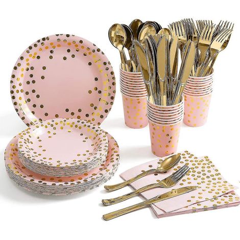 Ensemble de 175 pièces de vaisselle jetable dorée pour 25 personnes : assiettes, serviettes et gobelets à pois dorés. Idéal pour mariage, enterrement de vie de jeune fille, naissance, etc. – Rose et o (1/3)