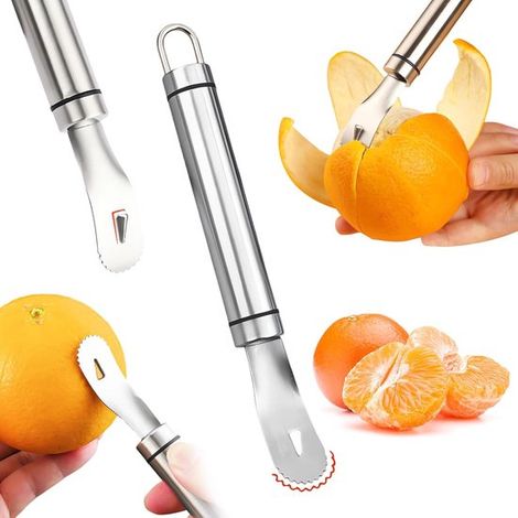 Pelador de naranjas de acero inoxidable，Pelador de naranjas y cítricos con mango largo，Pelador de naranjas con hoja triangular y pala dentada (1/5)