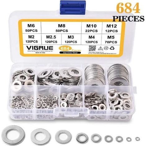 684 Pièces Inox Rondelles Plates Metal, pour Gonds de Porte, 9 Tailles Rondelles Acier Inoxydabl 304 -Rondelle Carrossier Inox(M2-M12) (1/5)