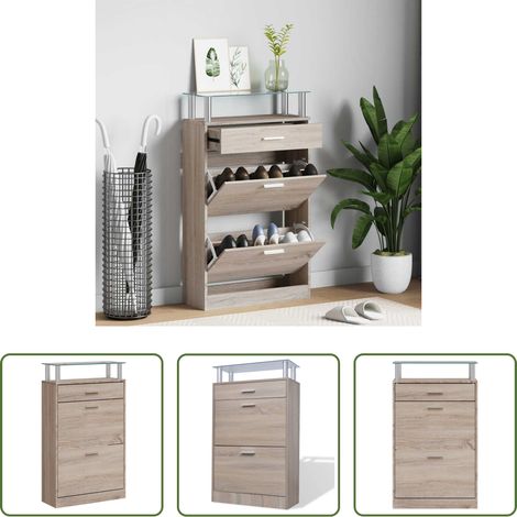 vidaXL Tiroir chaussures - Meuble à chaussures avec tiroir et plateau en verre Bois (1/5)
