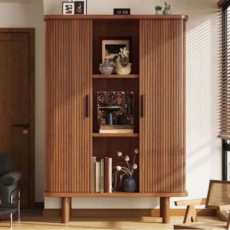 MODFU – Armadio 110x40x160 cm con porta a rullo, ripiani regolabili e struttura in MDF – Marrone scuro (1/5)