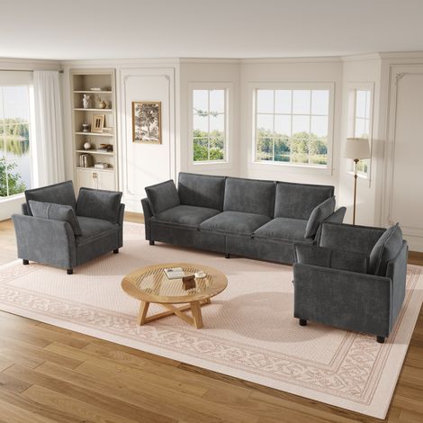 Ensemble canapé modulable 5 places avec canapé 3 places et 2 fauteuils set de salon moderne confortable en chenille gris 220x81x87 cm (1/5)