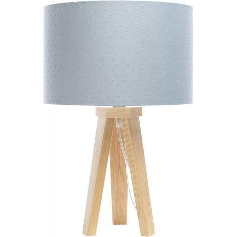 Lampe de chevet Jasmine bebe - Tissu matelassé bleu clair, intérieur blanc, trépied bois clair (1/5)