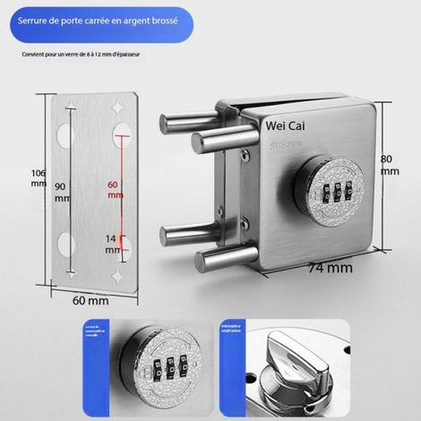 Serrure pour porte en verre - - Design moderne - Acier inoxydable - Mot de passe 000 (1/4)