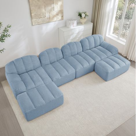 Divano modulare a U per 4 posti con 2 ottomane, blu, tessuto morbido (1/5)