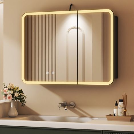 80 x 60 cm Schwarz Spiegelschrank Bad mit Beleuchtung Spiegelschrank mit Beleuchtung Badezimmerschrank mit Spiegel Hängeschränke Medizin Kabinett mit 3 Einstellbare Lichtfarben, Beschlagfrei (1/5)