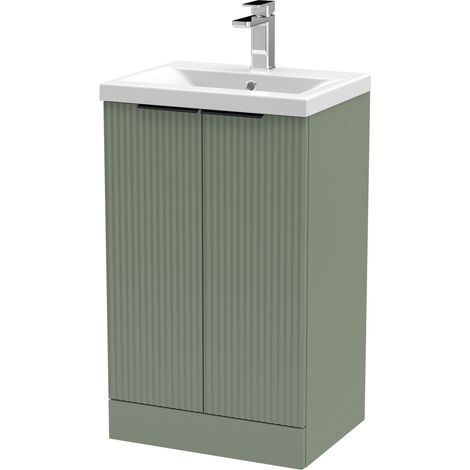 Fluted Front Floor Standing 2 Soft Close Door Bathroom Vanity Unit with 1 Tap Hole Ceramic Basin, 500mm, Satin Green, Black Handles (1/5)