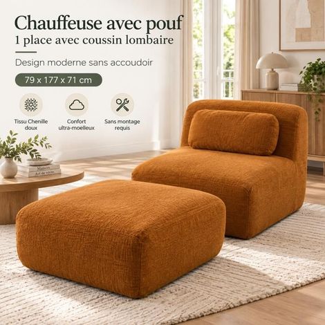 Canapé Sans Accoudoirs 177x79x71cm Chenille Caramel Modulable - Chauffeuse Sans Accoudoirs - Mousse 30D Sans Montage Confortable (1/5)
