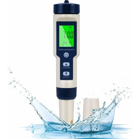 Medidor de pH electrónico  5 en 1 con pantalla LCD retroiluminada, comprobador de calidad del agua para pH/TDS/CE/temperatura/salinidad, para agua potable, acuarios y piscinas.