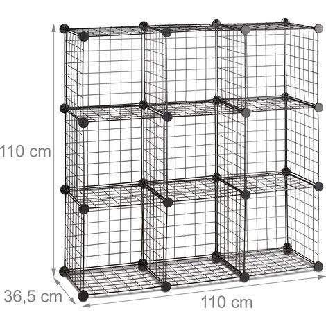 Estantería modular de rejilla 9 cubos compartimentos metálicos unidad de almacenamiento de rejilla 35x35 cm negro 130001074