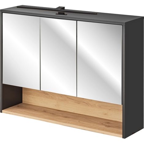Spiegelschrank Bad 100 cm mit LED Beleuchtung BOLOGNA-56 in anthrazit mit Artisan Eiche Nb., B/H/T: ca. 100/80/25 cm (1/2)