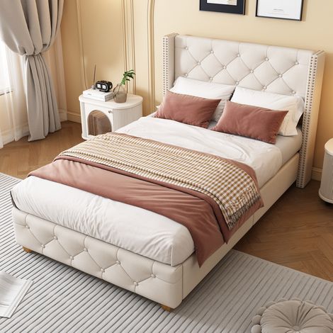 Cama tapizada 205x100x108 cm beige en lino con somier y cabecero capitoné (1/5)