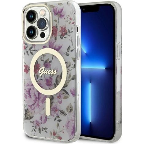 Funda rígida transparente Guess GUHMP14LHCFWST para iPhone 14 Pro de 6.1 pulgadas con diseño floral y MagSafe. (1/5)