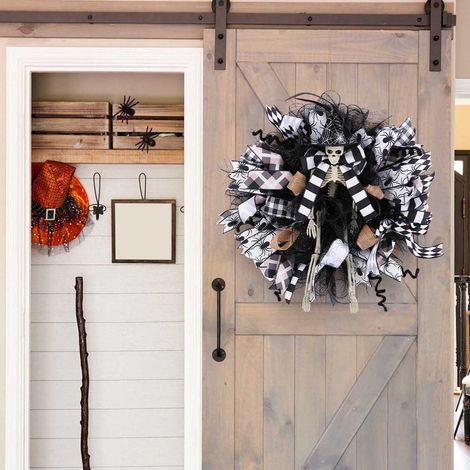Guirlande De Porte En Maille - Chapeau De Sorcière Et Crâne Pour Halloween - Décoration Festive D'Extérieur Et D'Intérieur - 1 Pièce (1/5)