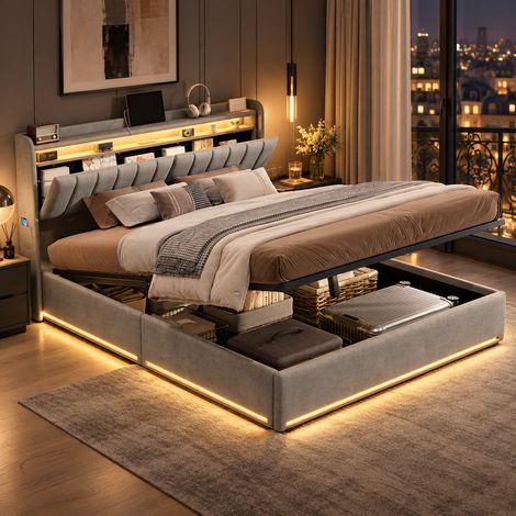 Lit coffre 140x190,lit 140x190 avec sommier à lattes,LED,USB,tête de lit de rangement,lit double capitonné,lit 2 personnes,tissu en velours,Gris (1/5)