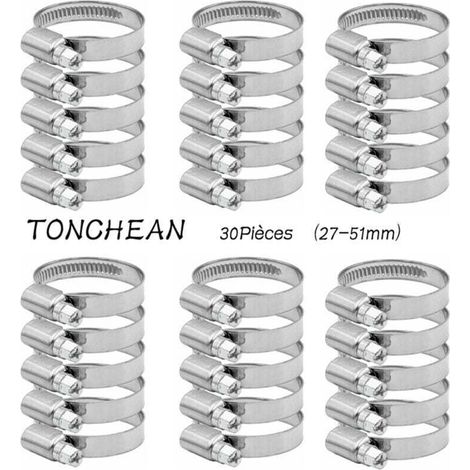Collier de Serrage Tuyau Rglable 27-51mm Gamme en Acier Inoxydable 304 Assortiment Tuyau Pinces Clips pour Famille Tuyau D\'eau, Home Gaz, Tube D\'automobiles, Robinet 30 Pices (12mm)