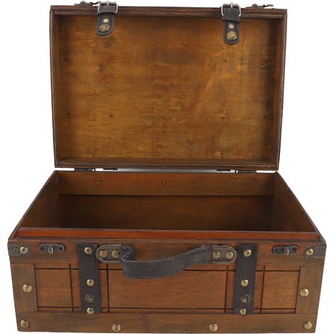 Coffre en bois vintage patiné transportable multifonction rangement habits jouets déco photo mallette cuir 1 pièce (1/5)