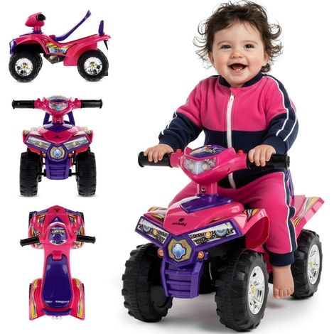 Quad infantil para bebés de un año, color morado y rosa.