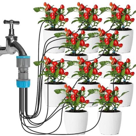 Système d'irrigation goutte à goutte 160 cm – Kit automatique avec 10 têtes d'égouttement – Réduit le gaspillage d'eau de 80% – Pour jardins et serres (1/5)