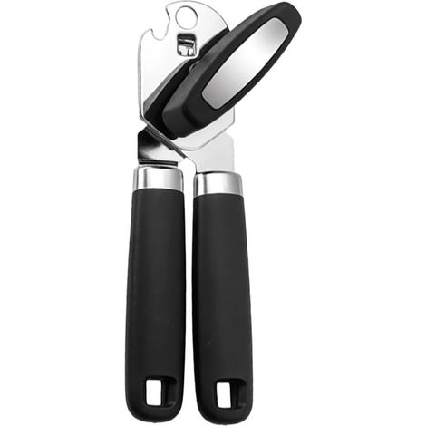 Apriscatole manuale aggiornato con apribottiglie a bordo liscio, apriscatole resistente, comoda impugnatura morbida, apribottiglie integrato, nero (1/4)