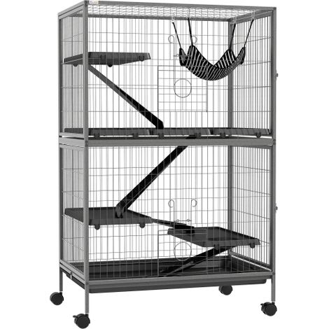 Gabbia multifunzionale per roditori con 4 piattaforme, 3 rampe e 4 porte. Dimensioni: 80 cm (L) x 52 cm (P) x 128 cm (A). Acciaio, disponibile nei colori grigio, argento e nero. Spedizione diretta dal (1/5)